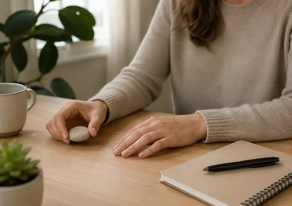 Mains posées sur une table avec un objet à manipuler comme alternative au geste de se ronger les ongles