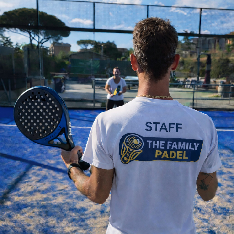 foto quadrata di un istruttore di padel di spalle con maglietta STAFF The Family Padel, in campo blu, atmosfera sportiva e professionale