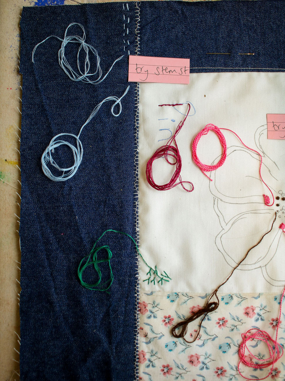 a flat lay of fabrics waiting to be embroidered. Pinned to the fabric are little hand written notes that describe the stitch