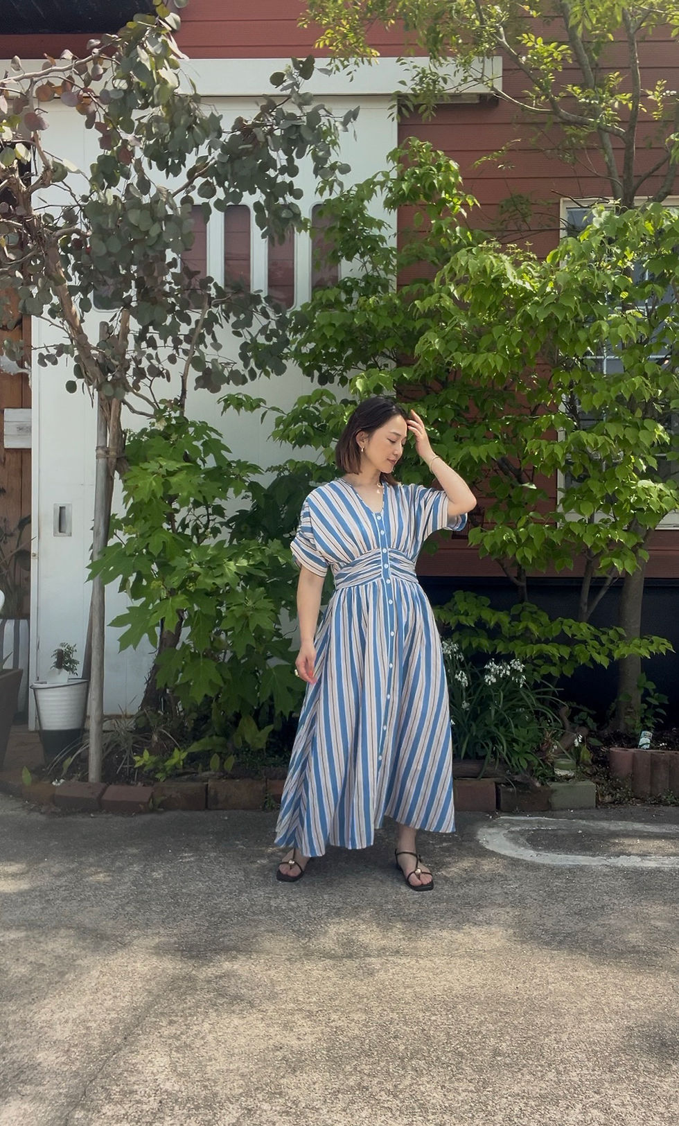 Cotton Voile Stripe Waist Gather Dress ¥29700taxin