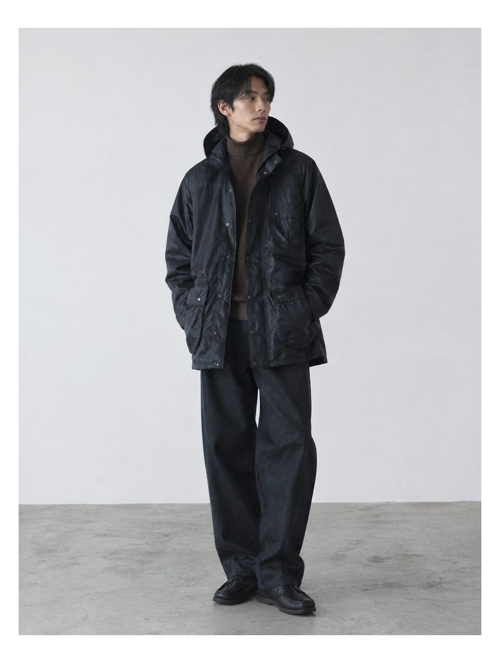 APC バブアー オイルドジャケット 着用シルエット・大人フレンチトラッドメンズコーデ