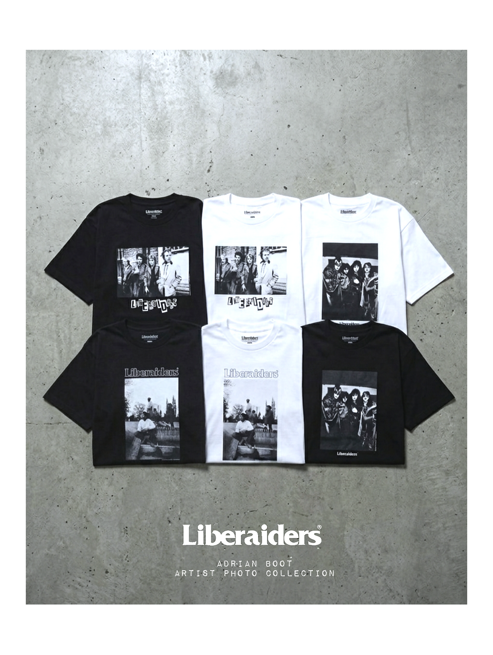 Liberaiders（リベレイダース）とエイドリアン・ブート（Adrian Boot）がコラボしたSex Pistols、KISS、Bad BrainsのフォトTシャツ6型が並ぶ、セレクトショップRolyPolyのアイキャッチ画像。