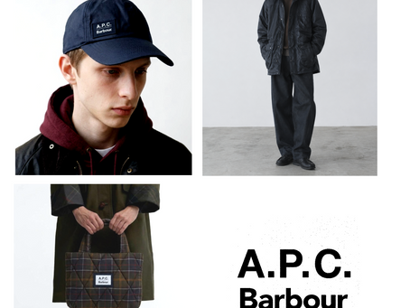 A.P.C. x Barbourコラボレーションのアイテムを紹介する、4つのパネルで構成されたTOP画像。左上のパネルはネイビーのキャップとボルドーのフーディ、右上のパネルは黒のオイルドジャケット、左下のパネルはタータンチェックのバッグ、右下のパネルはブランドロゴを表示しています。