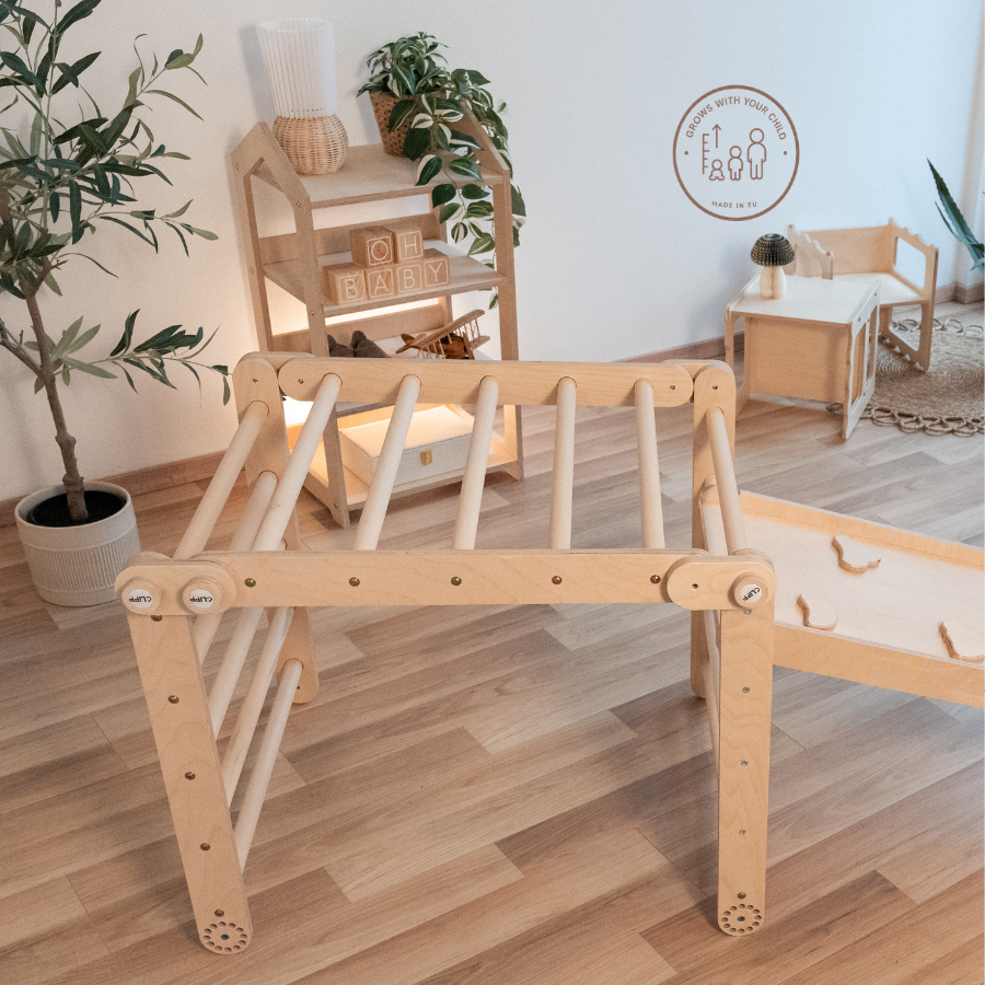 CLIFF COMBO Duo Holz-Kletterset als Kletterbrücke mit doppelseitiger Rutsche im Kinderzimmer