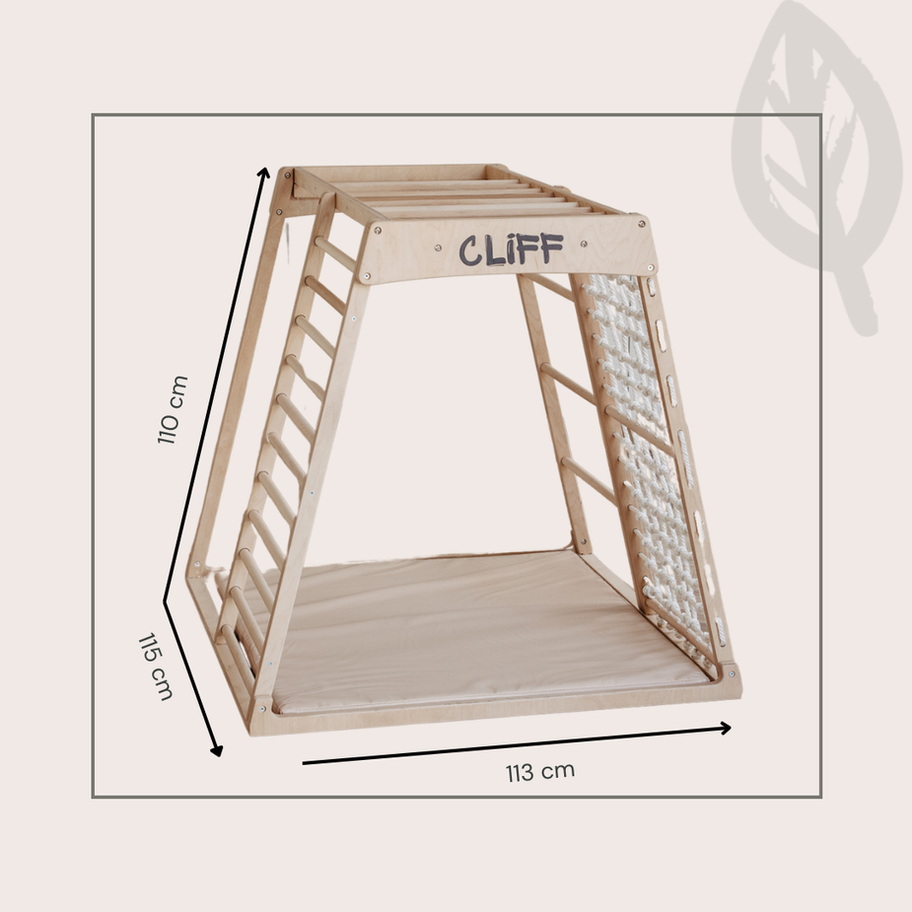 Maße des CLIFF PRO Holz-Klettergerüsts: 113 × 115 × 112 cm
