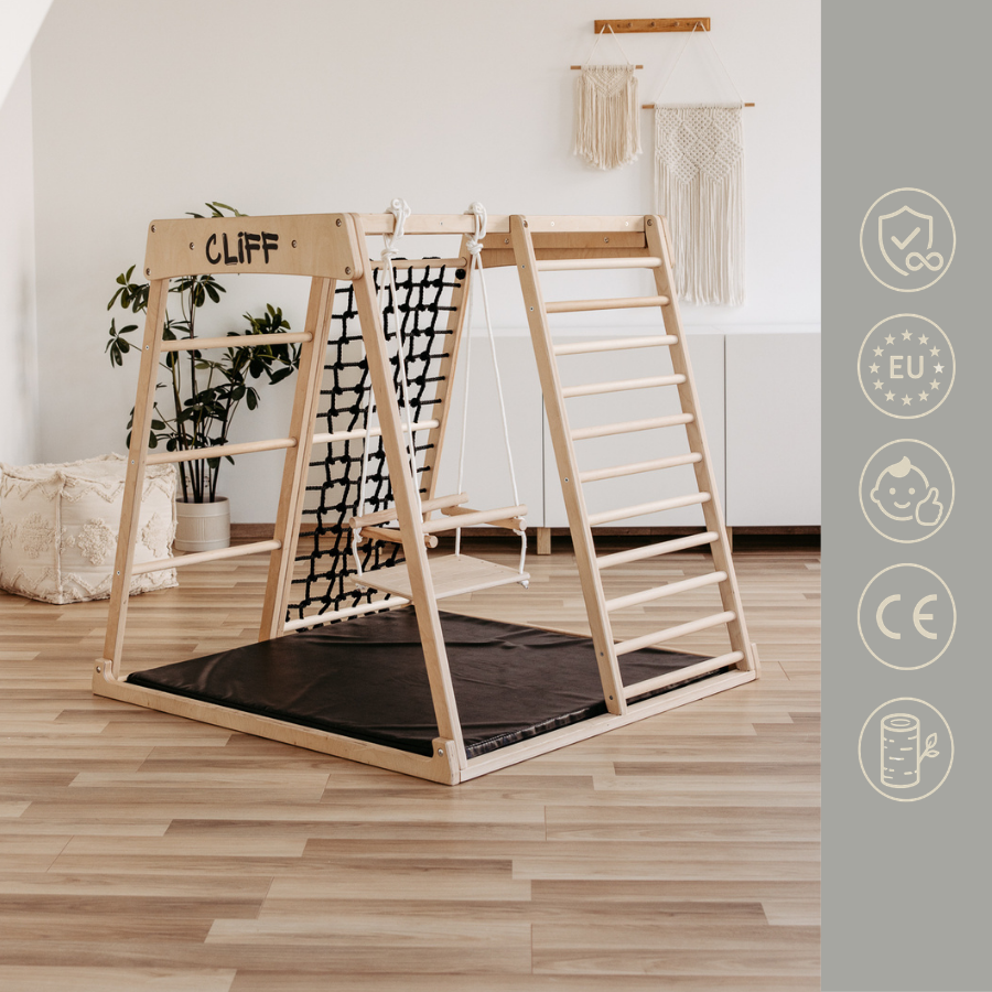 CLIFF PRO Black Edition Holz-Klettergerüst mit schwarzem Kletternetz und schwarzer Sicherheitsmatte