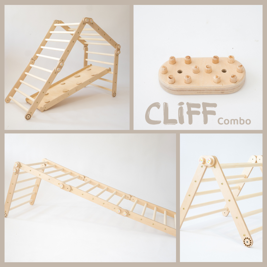 Verschiedene Aufbauvarianten und Verbindungselemente des CLIFF COMBO Duo Klettersets