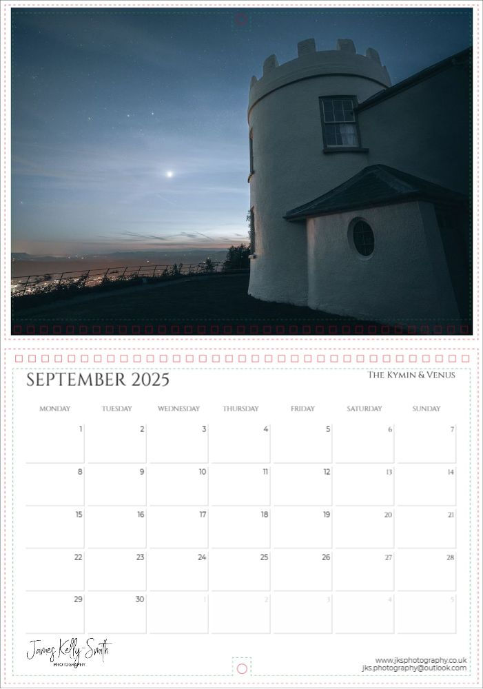 2025 Forest of Dean & Wye Valley Calendar, Kymin in Monmouthshire with Venus, Mars and Gemini in the night sky,