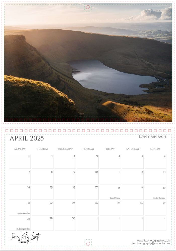 2025 Bannua Brycheiniog Calendar. Llyn y Fan Fcah in the Brecon Beacons, South Wales, during a beautiful sunset.