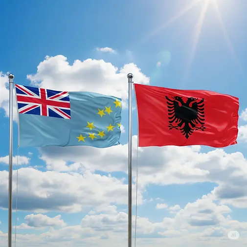 An illustration of the Albanian and Tuvaluan flags, representing the e-visa requirements for citizens of Tuvalu.