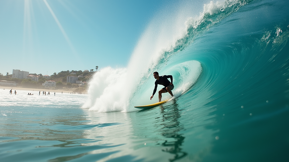 Eye-level view of Playa El Tunco with surfers