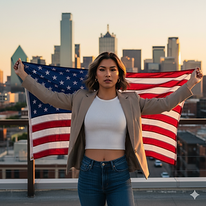 Model holding USA flag with Dallas skyline background for agency submission