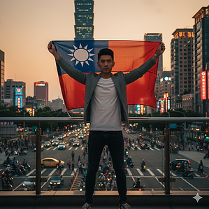 Model holding Taiwan flag with Taipei 101 skyscraper and busy city street background for agency submission