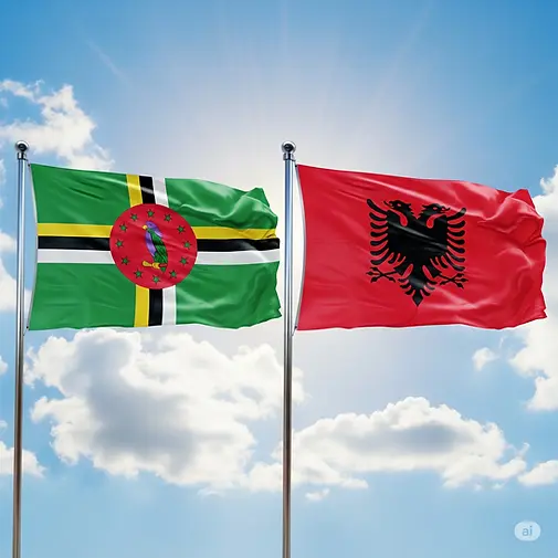 An illustration of the Albanian and Dominican flags, representing the e-visa requirements for citizens of Dominica.