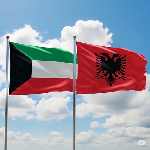 An illustration of the Albanian and Kuwaiti flags, representing the e-visa requirements for citizens of Kuwait.