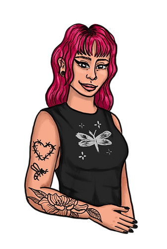Desenho de uma menina com várias tatuagens no braço