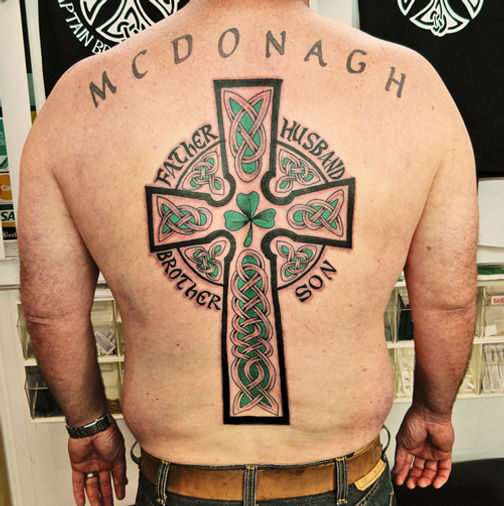 celtic cross large full back knotwork irish shamrock tattoo Tattoos by Captain Bret and Celtic Tattoo. Newport, RI