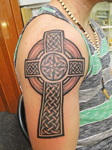 celtic cross-large-arm-celtic-knotwork-cross tattoo Tattoos by Captain Bret and Celtic Tattoo. Newport, RI
