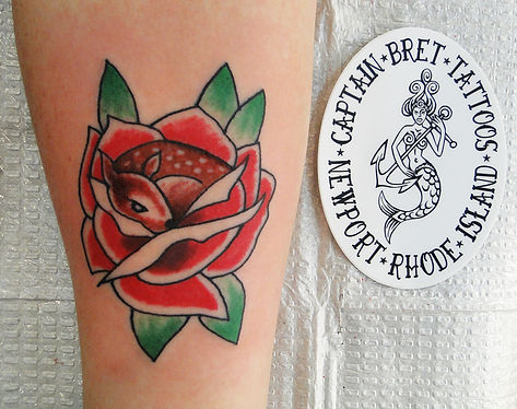 deer fawn rose traditional tattoo Design Idea Tattoos by Captain Bret and Celtic Tattoo. Newport, RI