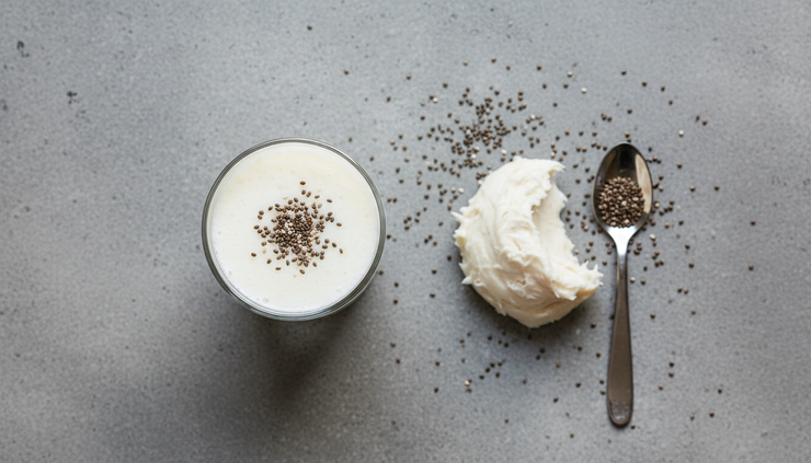Overhead view of a small glass of soursop smoothie beside measured fruit pulp.