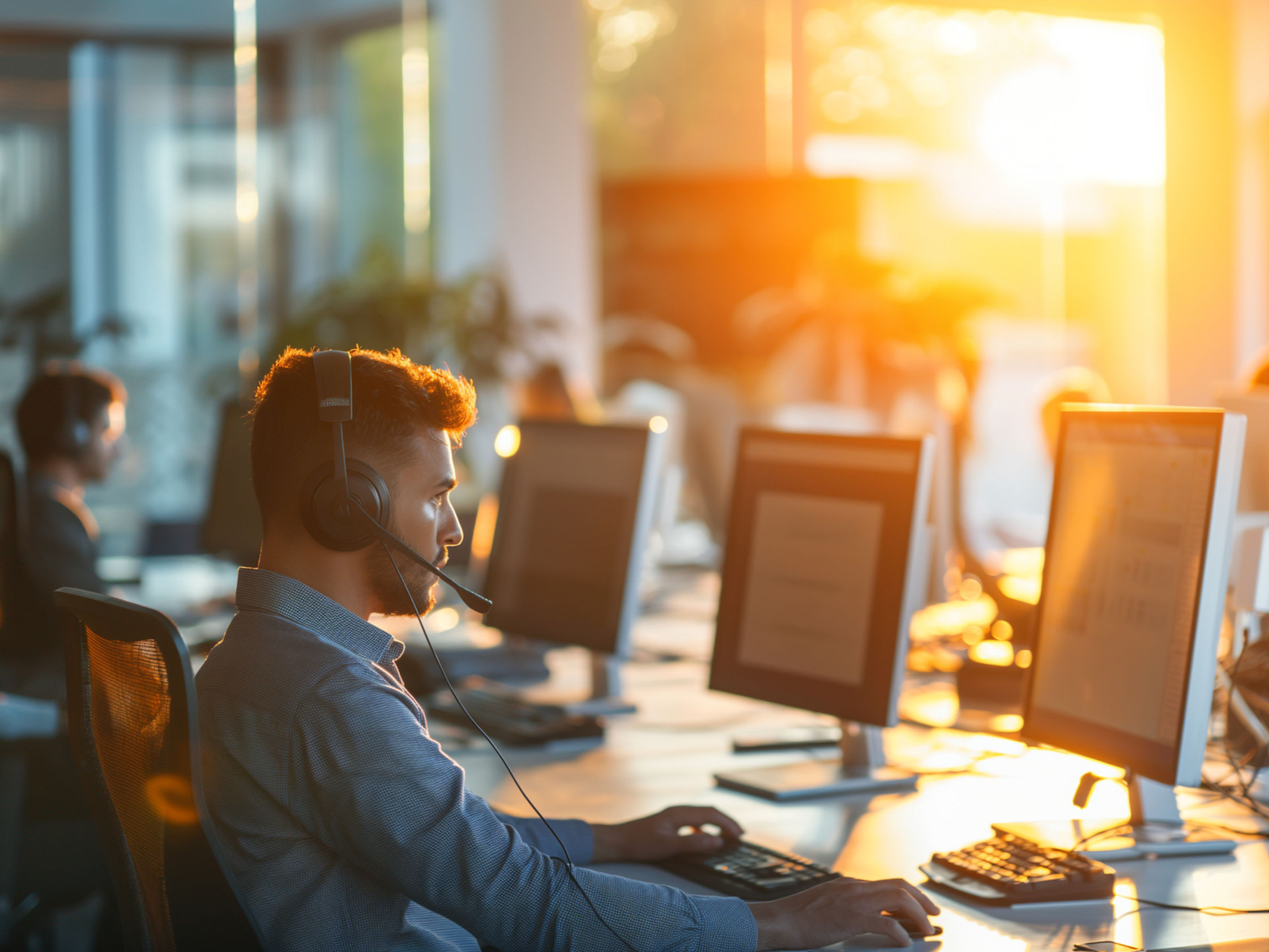 Several employees sitting at their desks working on their computers with headsets on.