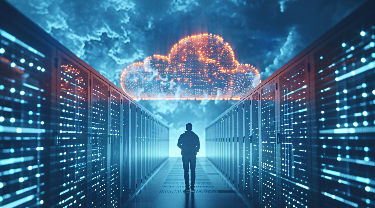 the silhouette of a man sgtanding in a data center between two rows of servers with a large computer generated holographic cloud above him.