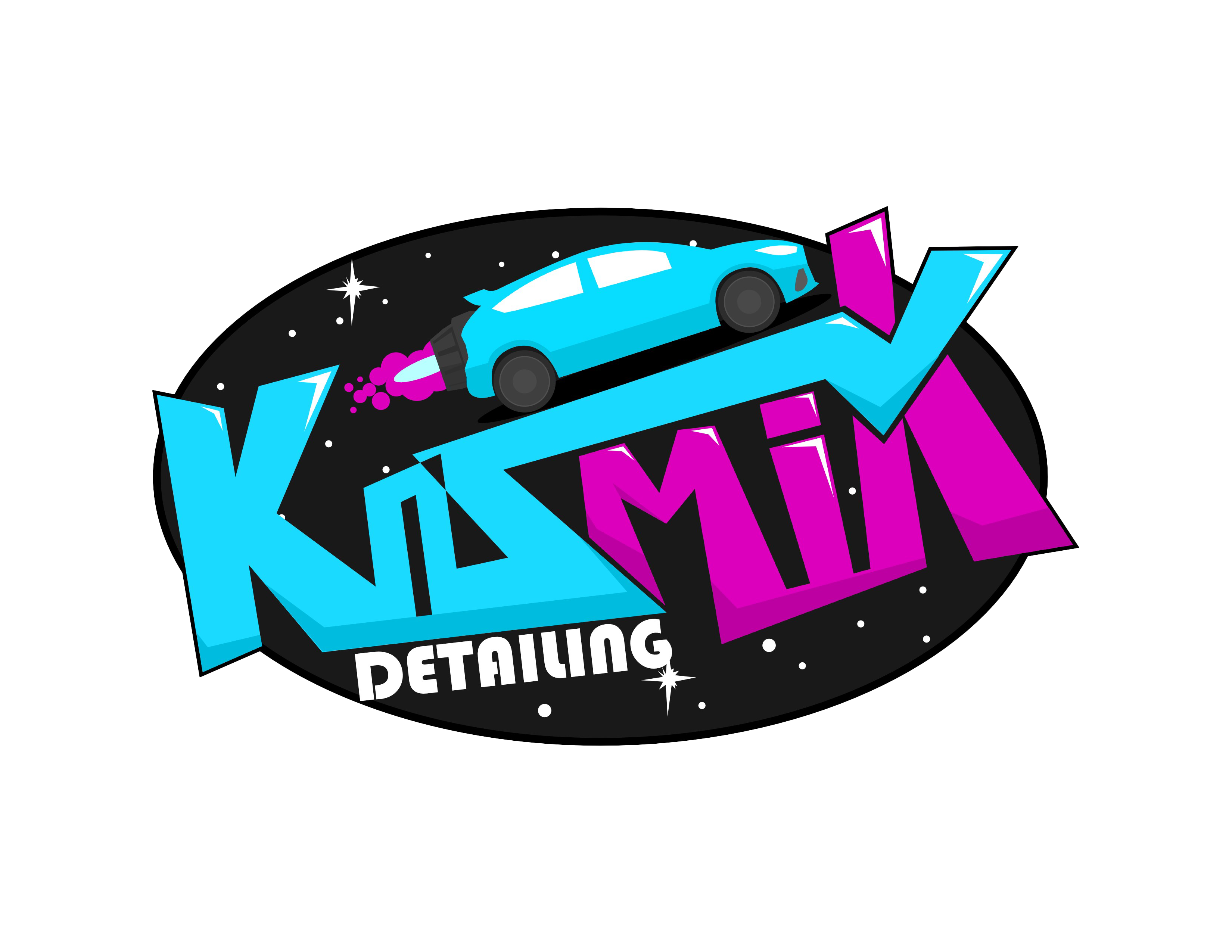 Kusmik Detailing logo with a blue SUV and neon text.