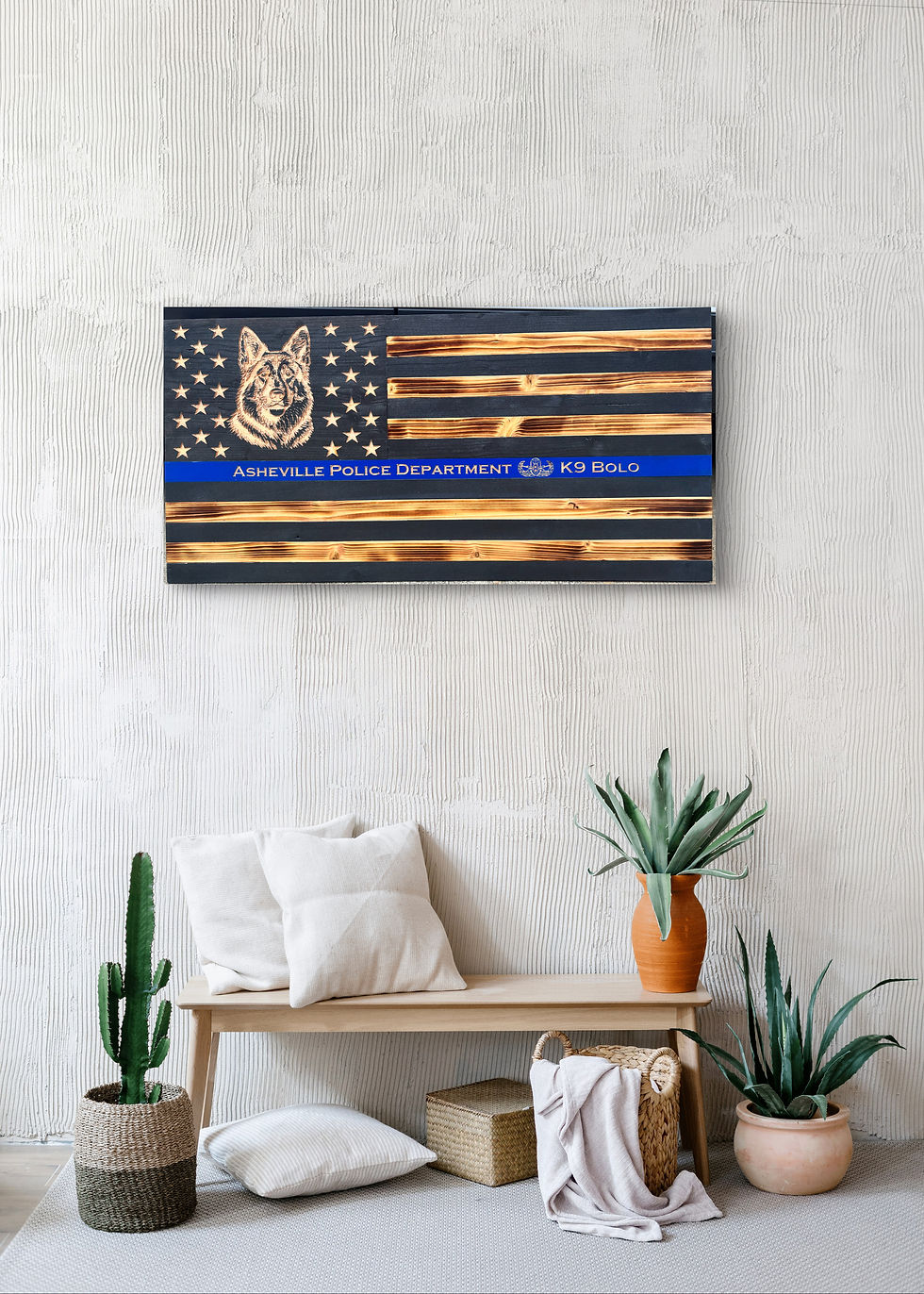 Thumbnail: Personalized Thin Blue Line American flag with K9 police tribute, law enforcement wall decor, and handmade wooden flag art.