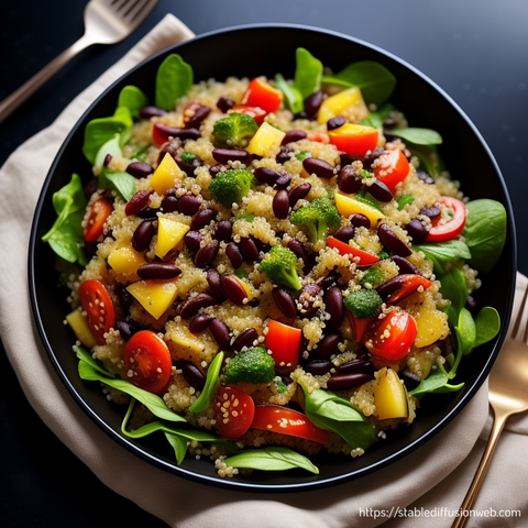 Quinoa and Black Bean Salad
Diet Category: Gluten-Free, Vegan
Description: A protein-rich salad with quinoa, black beans, corn, and a zesty lime dressing.
