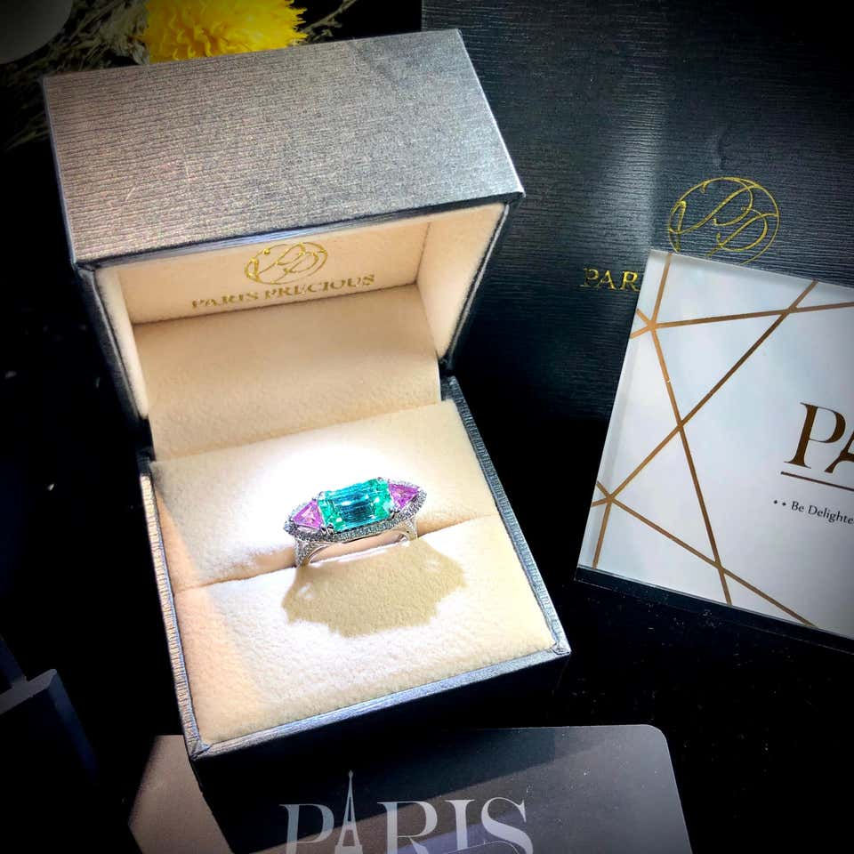 Thumbnail: 3.24ct GRS Certified Un-oiled Emerald Pink Sapphire Ring with Diamonds