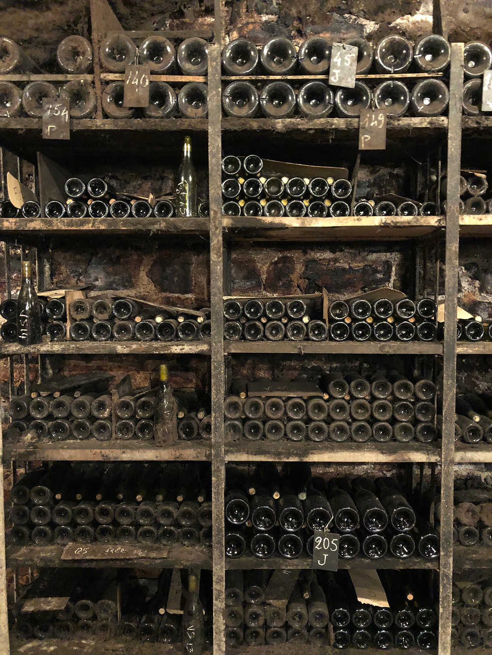 Old wine bottles in Meursault at the underground cellar of Jean Marie Bouzereau spotted during a winery visit and tasting during my Burgundy wine study trip