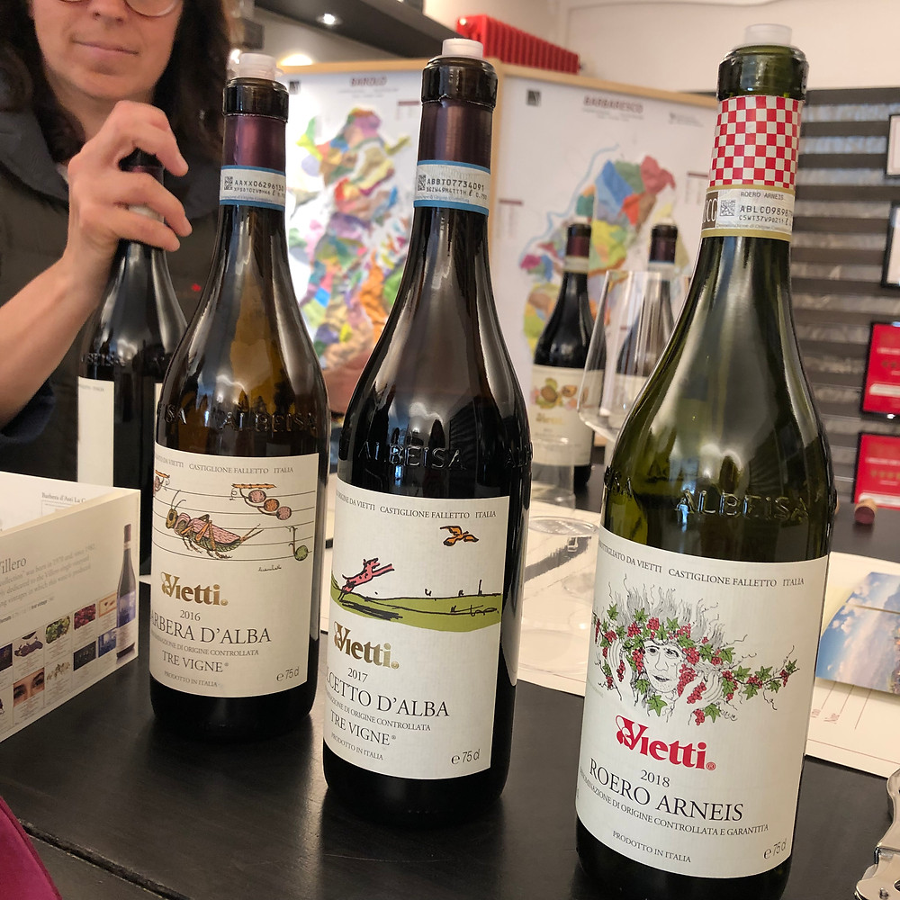 Barbera d'Alba, Dolcetto d'Alba and Roero Arneis wine tasting at Vietti winery in Castiglione Falleto in Barolo DOCG zone.