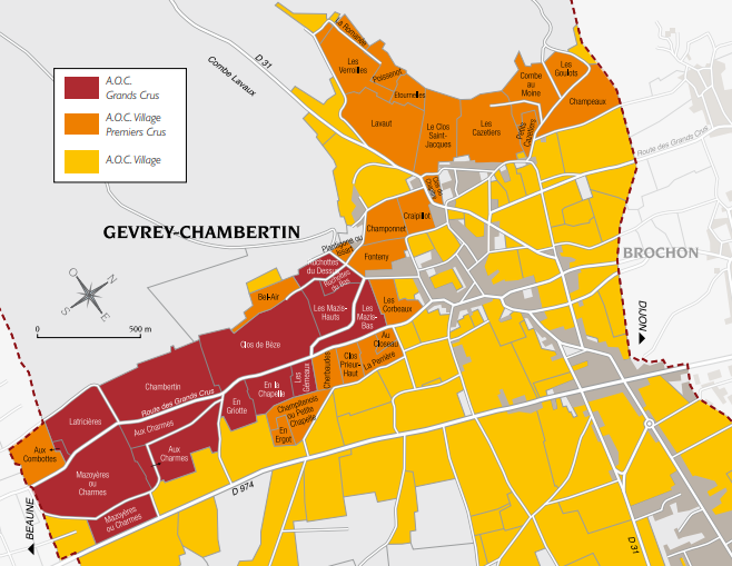 map of Gevrey-Chambertin AOC with Grand Cru, Premier Cru and VIllage vineyards