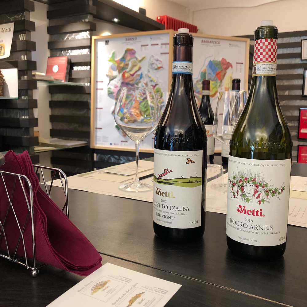 Roero Arneis and Dolcetto d'Alba wine tasting at Vietti winery in Castiglione Falleto in Barolo DOCG zone.