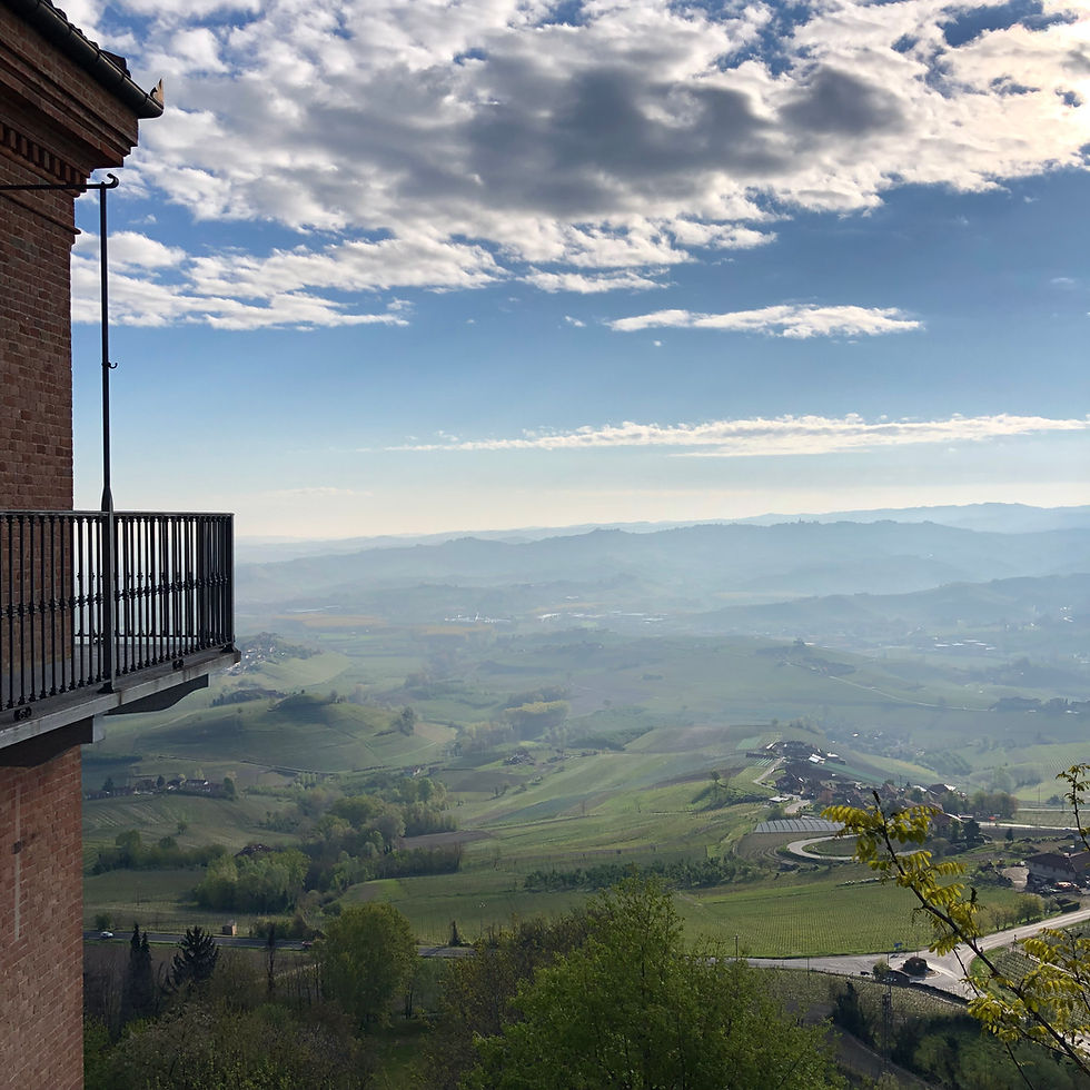 View over the Barolo vineyards from La Morra town centre in the early morning with mist and clouds