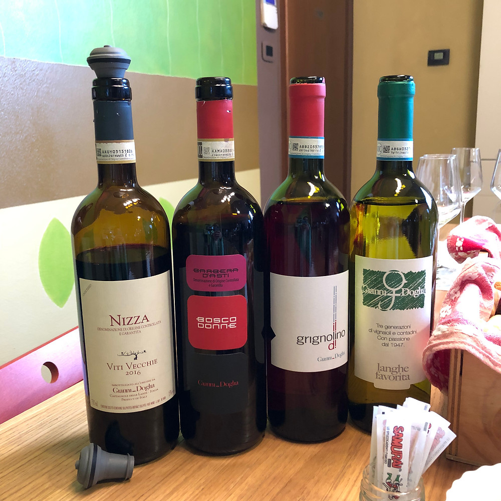 Italian wine bottles from Piemonte, bottles of Nizza DOCG and Barbera d'Asti Bosco Donne wines on a wine tasting experience in Castagnole delle Lanze at Gianni Doglia winery