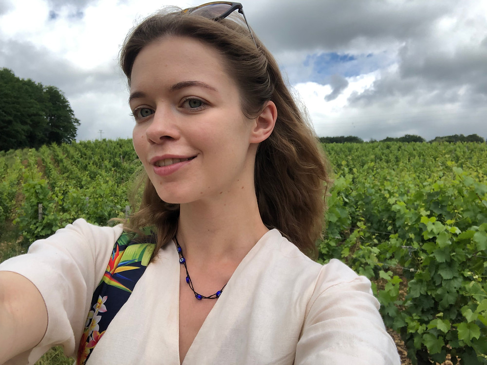 Wine trip to Pouilly Fuisse walking in the vineyards of Chardonnay during my Burgundy wine study trip