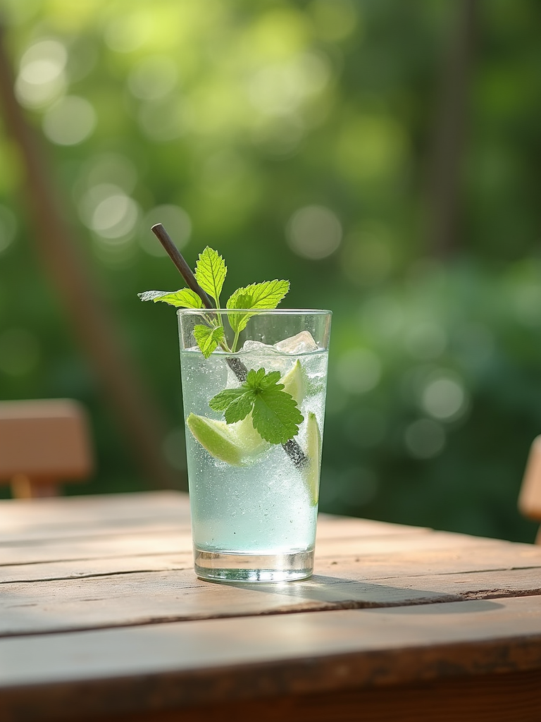 A refreshing glass of water with mint leaves resting on a natural wooden table.