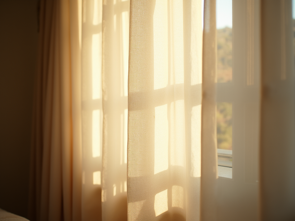 Soft light passing through a delicate linen curtain creating shadows on a wall.