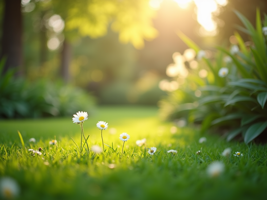 A peaceful garden setting with sunbeams filtering through lush green leaves.