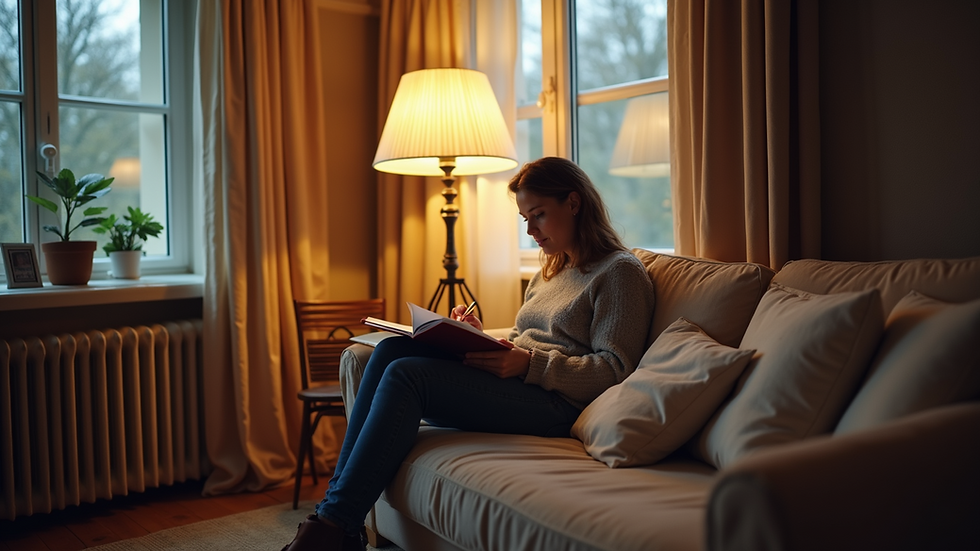 Eye-level view of a person journaling in a cozy corner