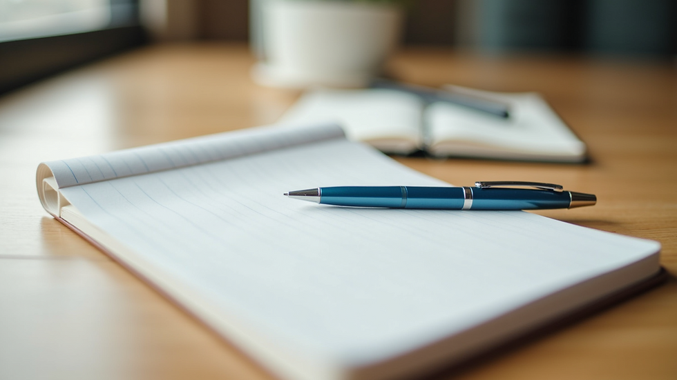 Close-up view of a journal and pen on a wooden table, symbolizing therapy homework
