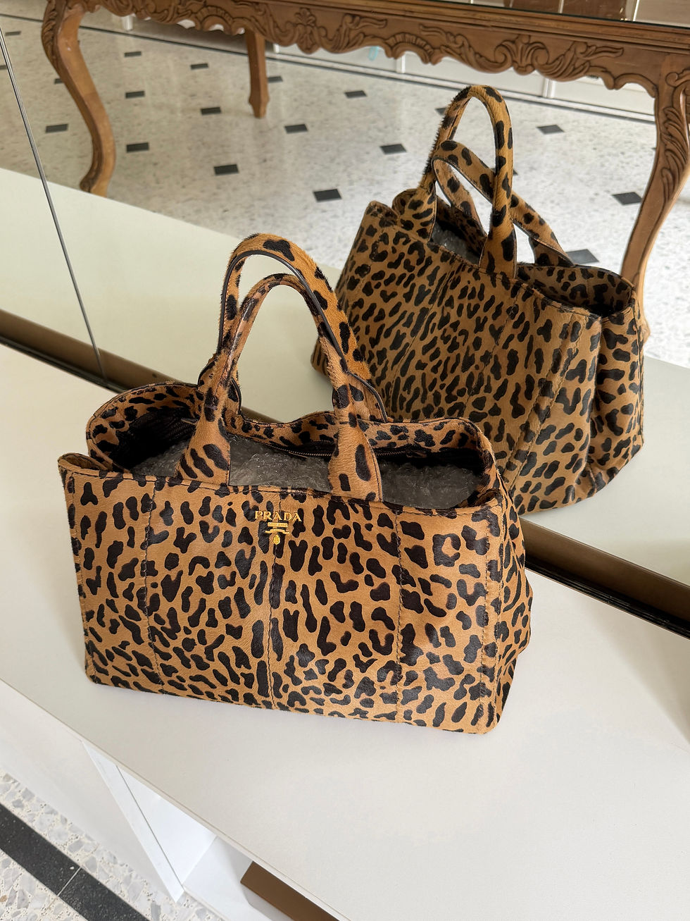 Thumbnail: Prada Leopard Print Pony-hair Tote Bag
