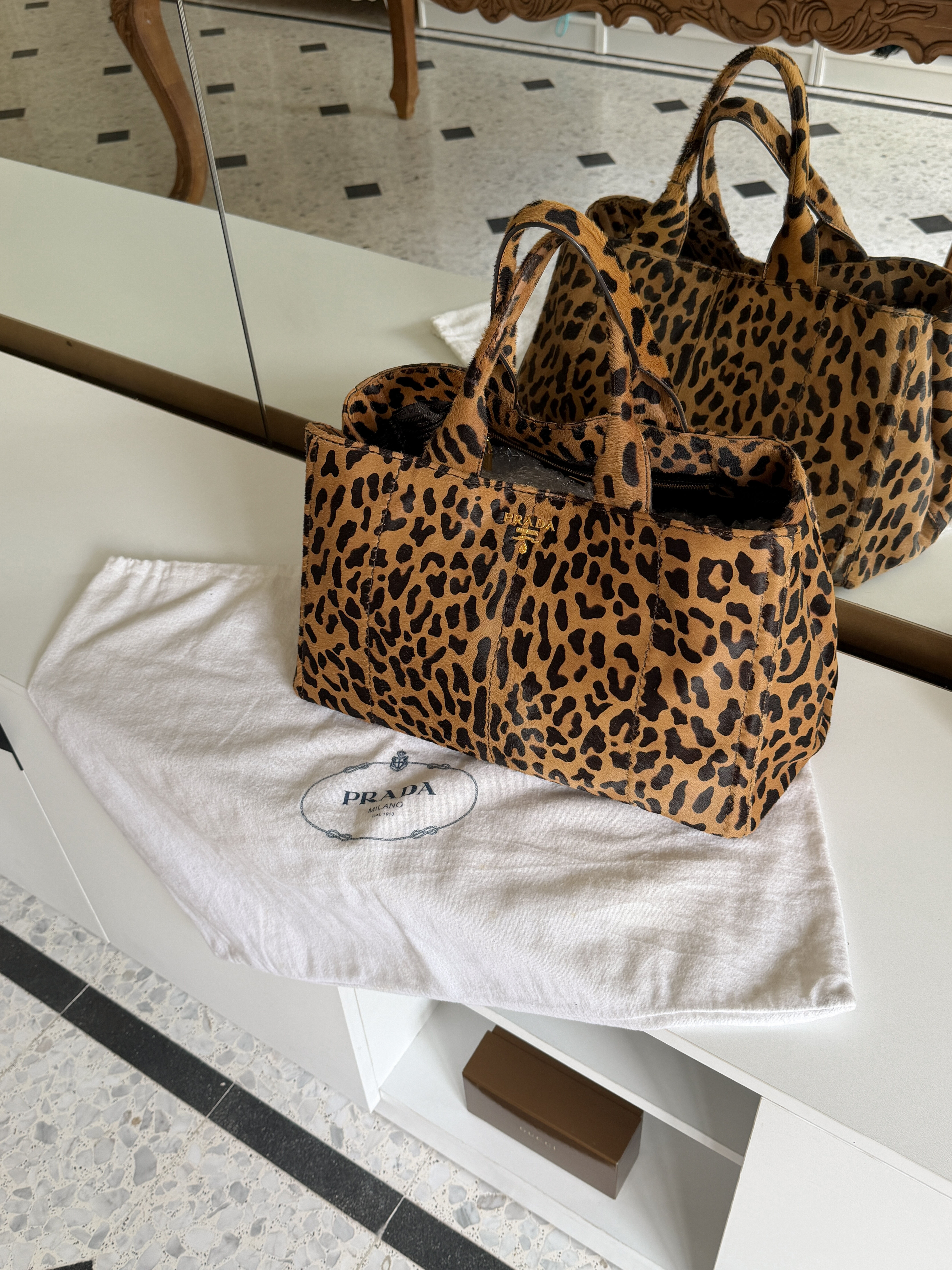 Prada Leopard Print Pony-hair Tote Bag