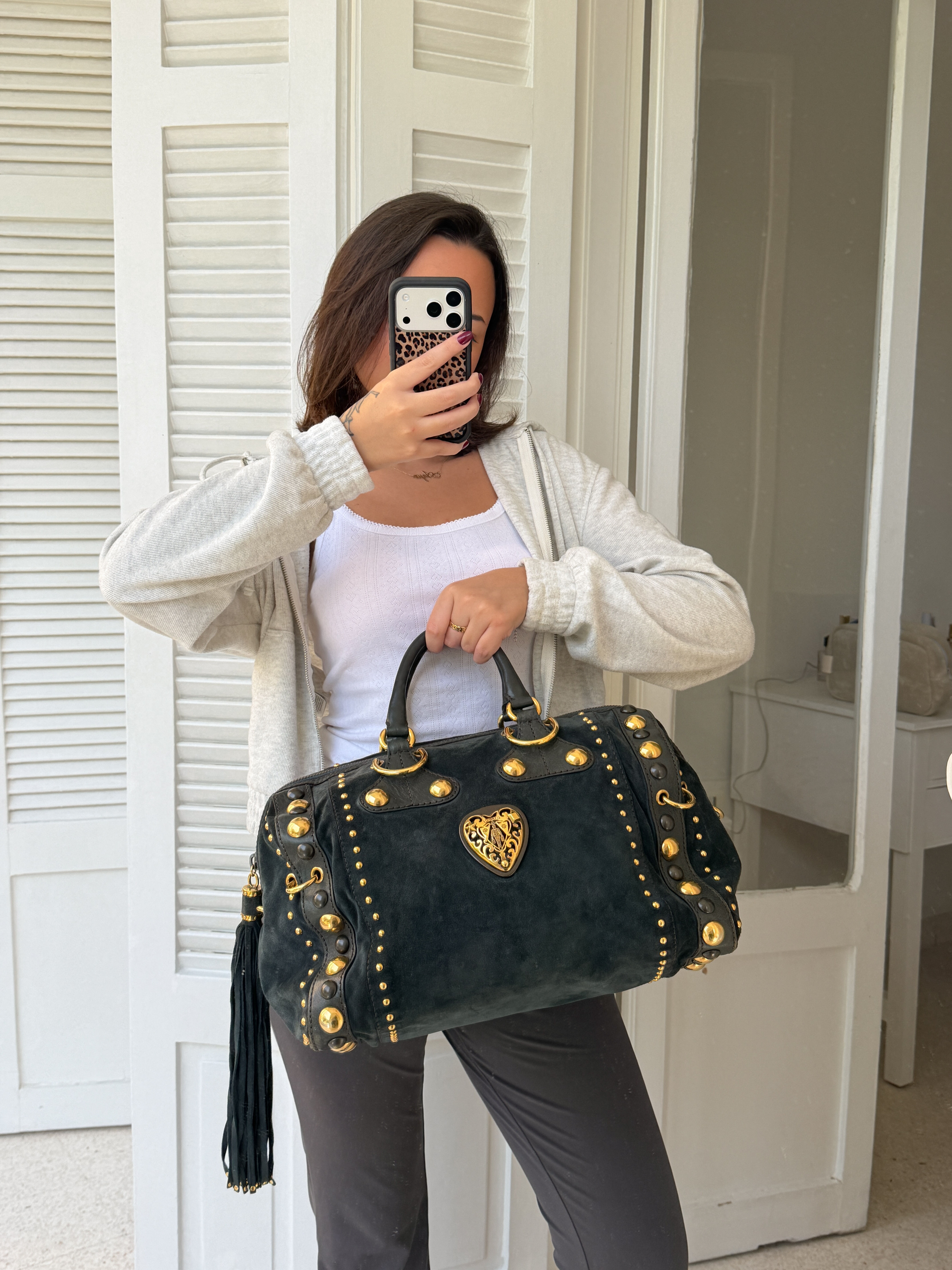 Gucci Babouska Studded Suede Boston Bag