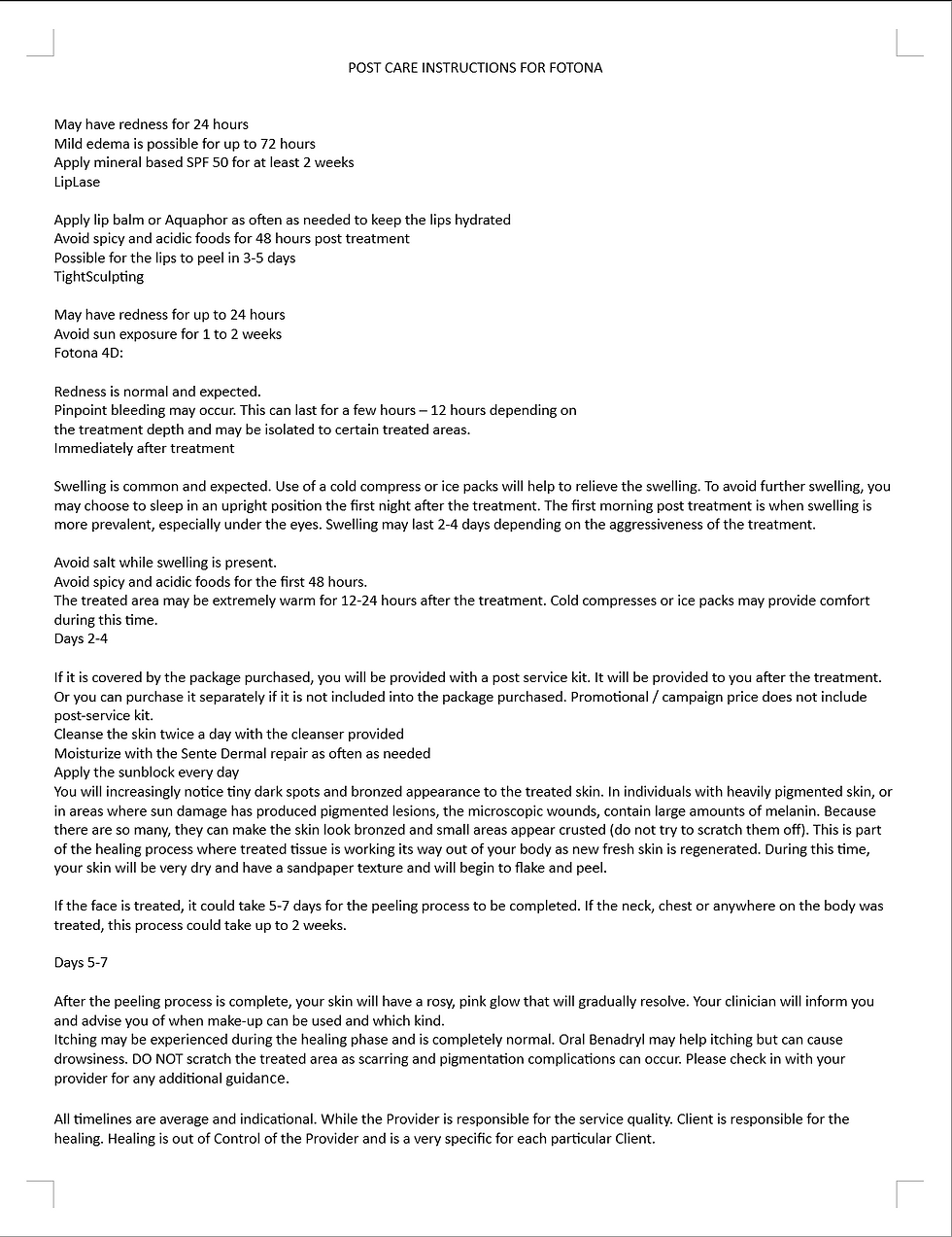 FOTONA POST CARE INSTRUCTIONS
