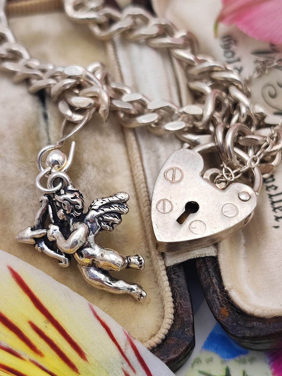 Vintage sterling silver padlock bracelet with cherub