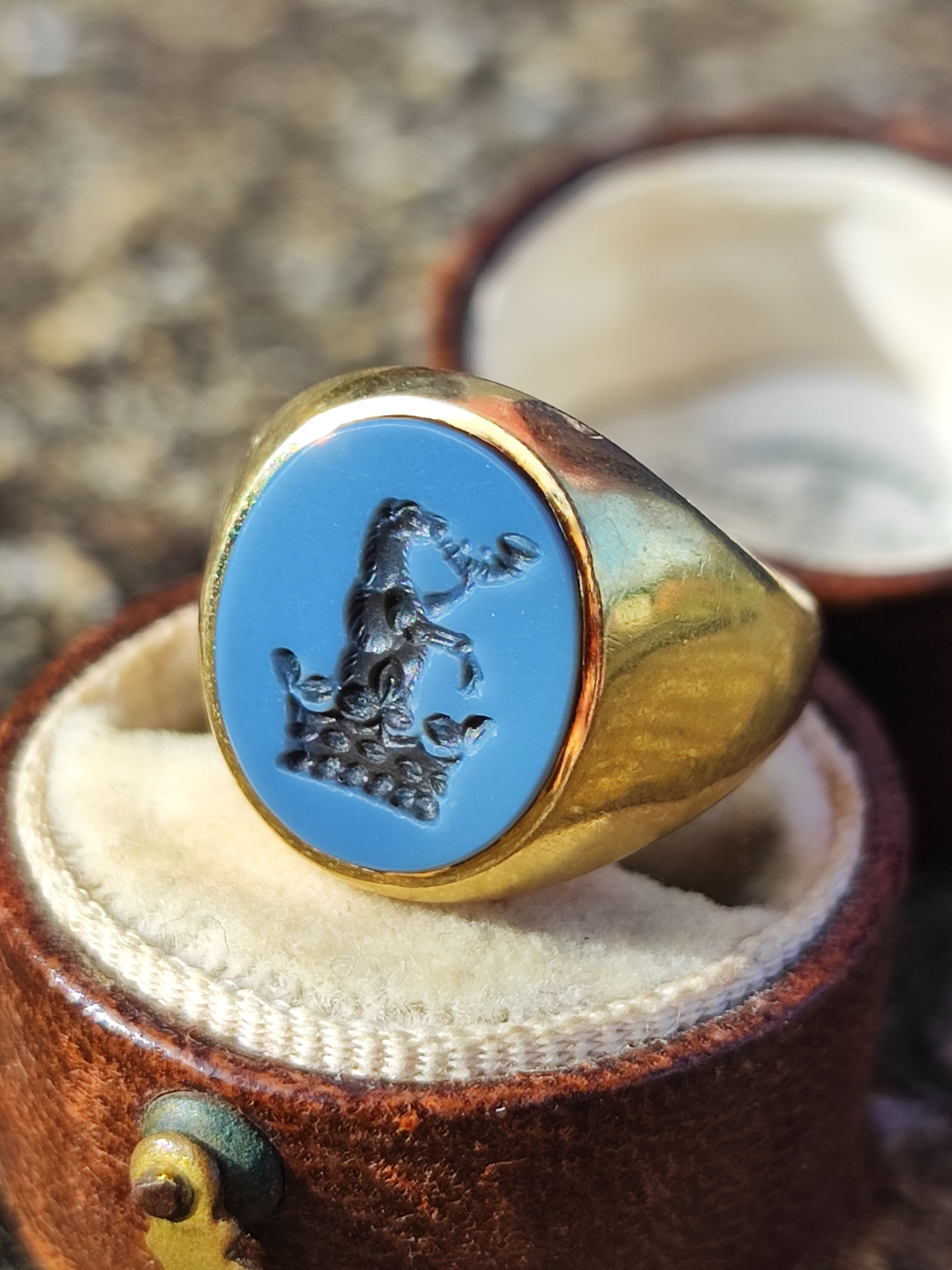 Bespoke 18ct sardonyx intaglio crest ring