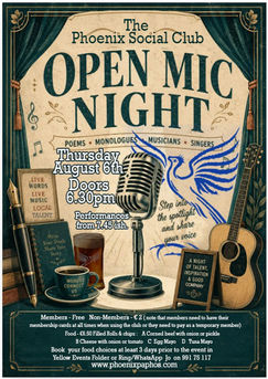 Poster advertising 'Open Mic Night' at the Phoenix Social Club on Thursday 6th August 2026