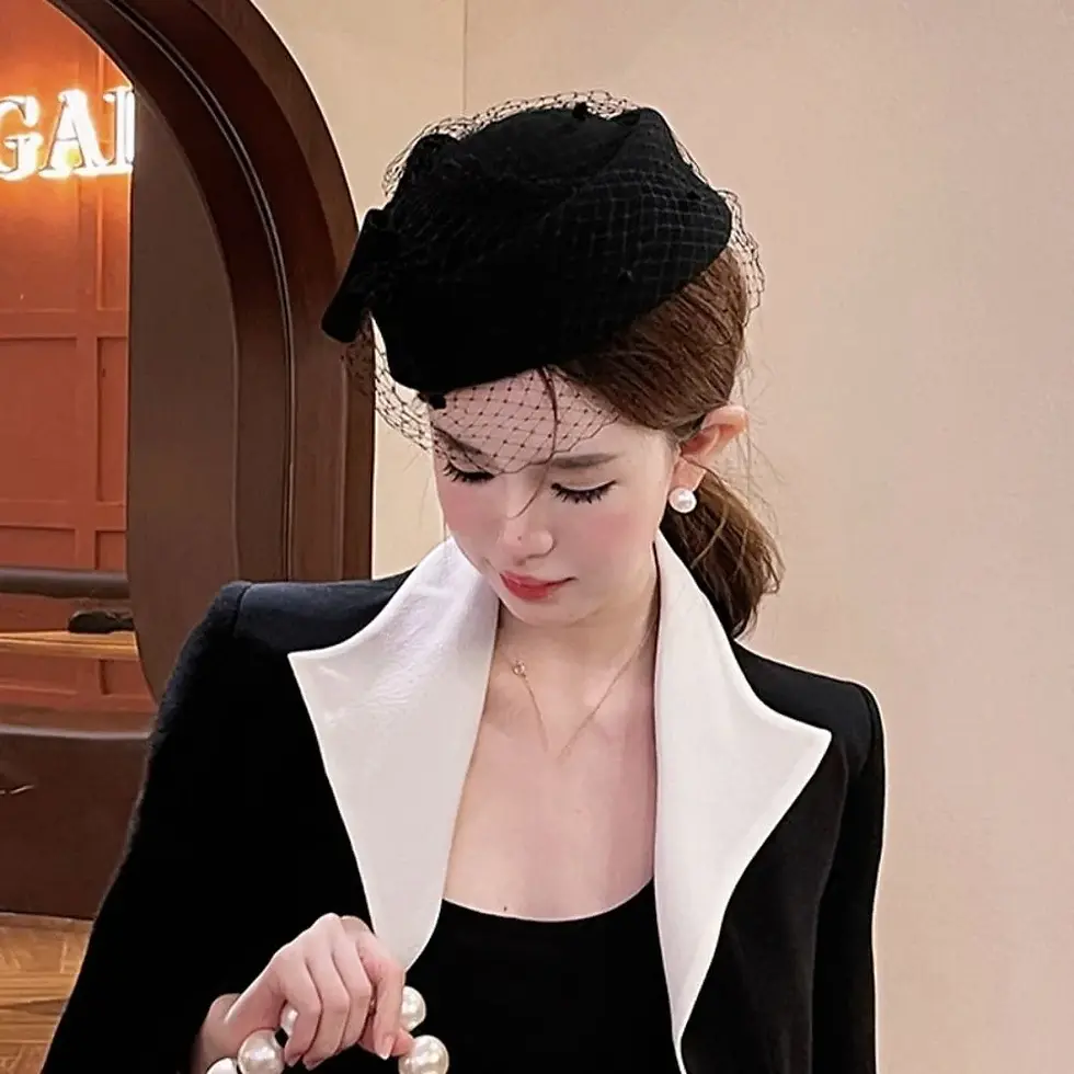 Thumbnail: New Cashmere Wool Bow Hat With Veil